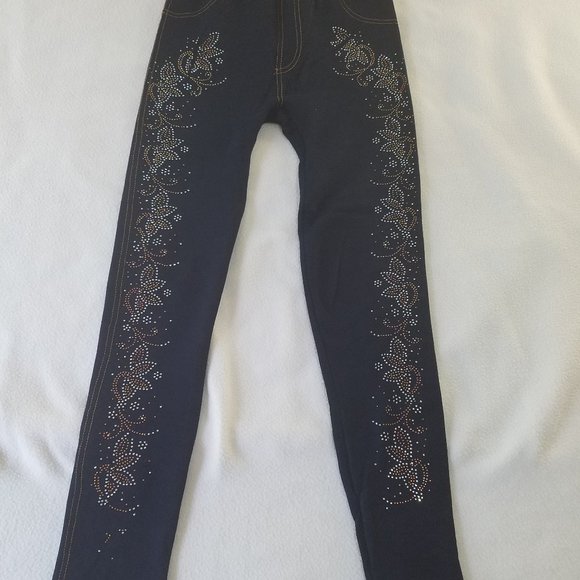 Blue and Golden Sequins Beaded Size Women Small Navy Blue Leggings NWOT - Picture 2 of 7